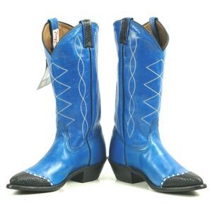 Tony Lama Bright Blue Cowboy Boots Lizard Wingtips NOS Tags US Made Women's 7 B